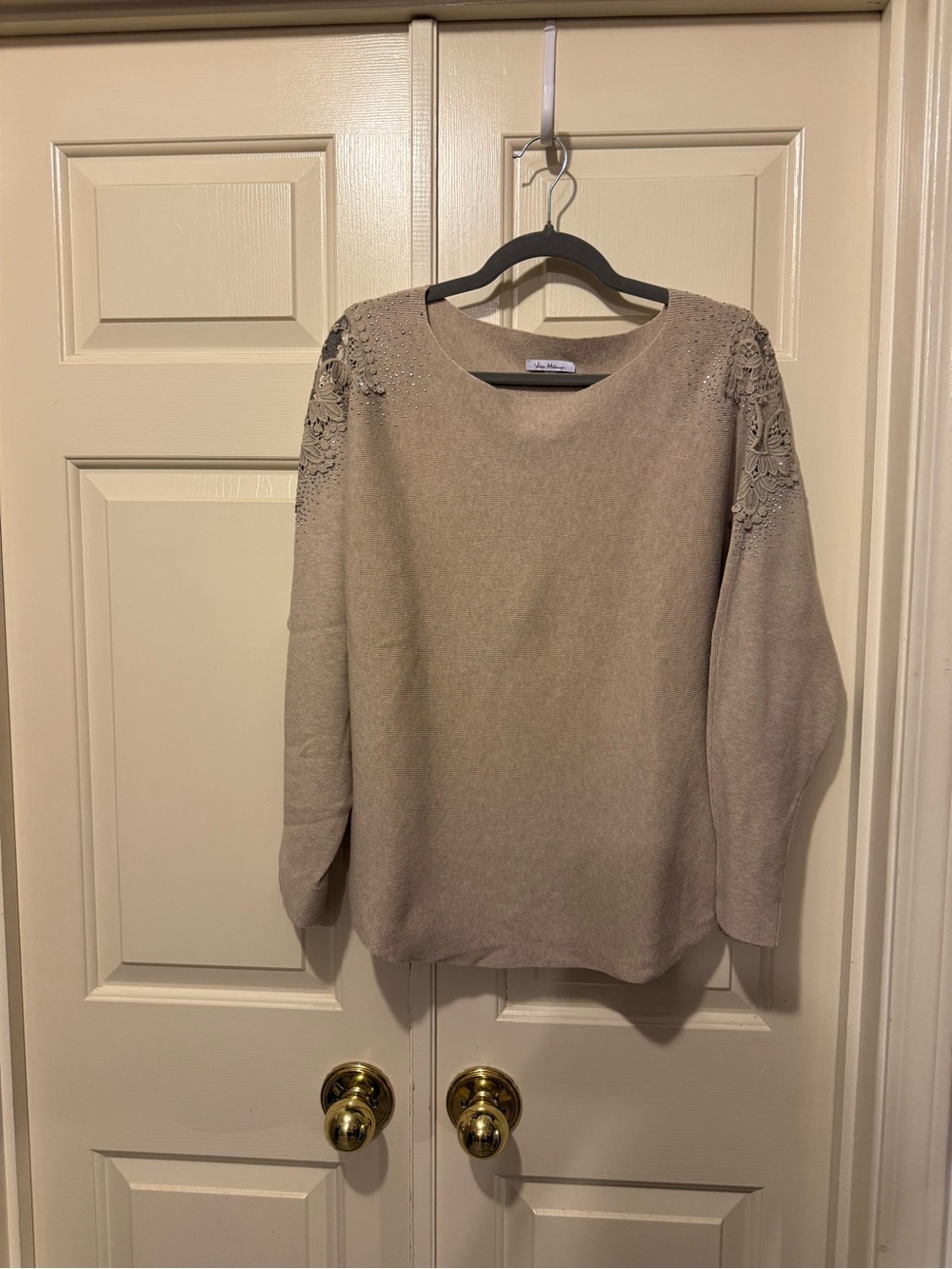 Milano Taupe Crewneck Sweater with Lace Shoulder Detail